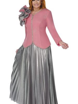 Pink Peplum Jacket & Silver Pleated Maxi Skirt Suit for Women