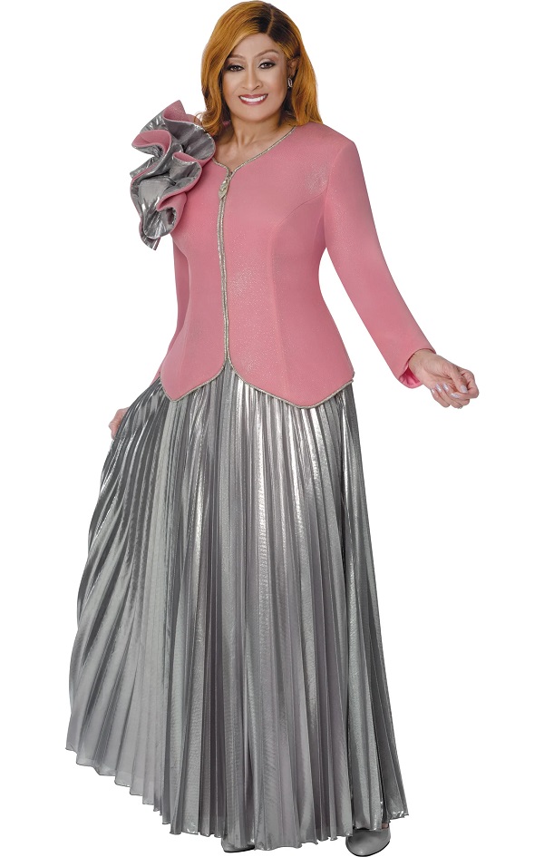 Pink Peplum Jacket & Silver Pleated Maxi Skirt Suit for Women
