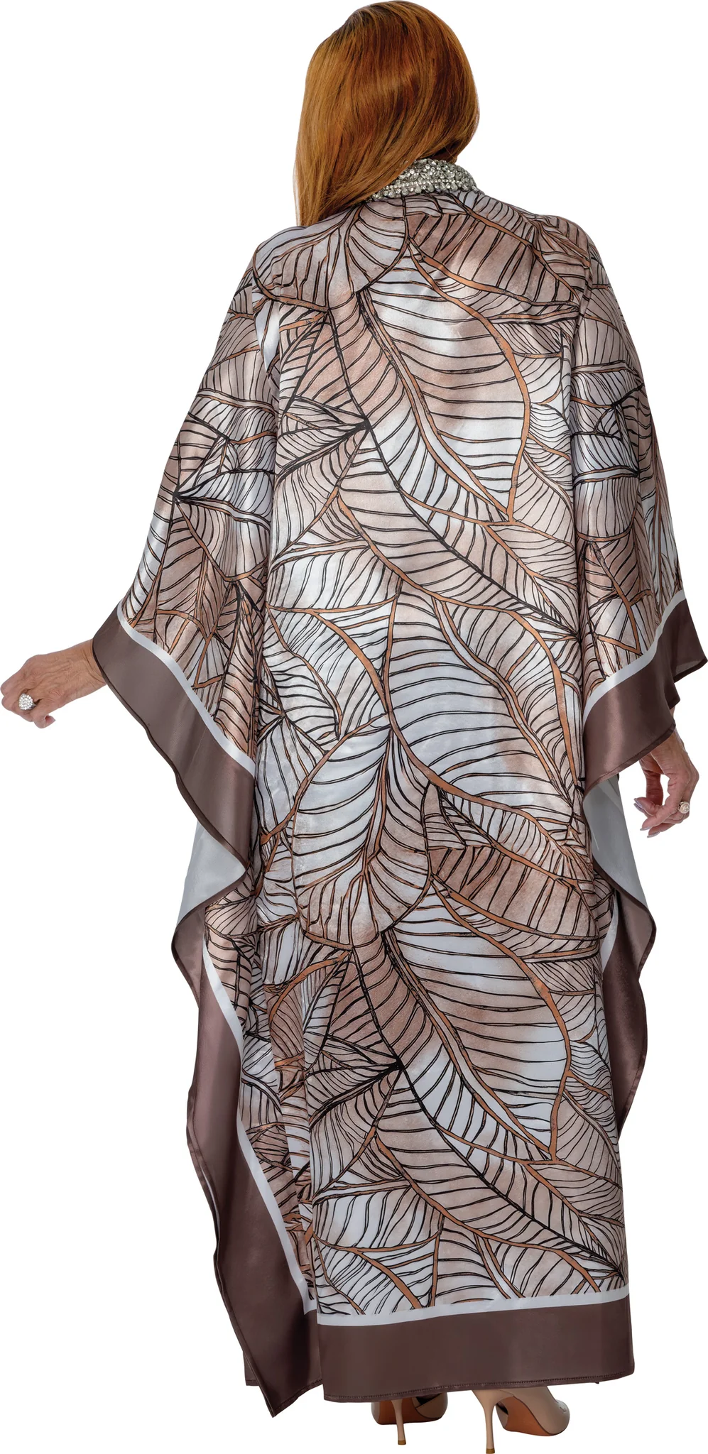 Elegant Leaf Print Kaftan Dress with Embellished Neckline