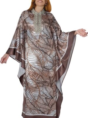 Elegant Leaf Print Kaftan Dress with Embellished Neckline
