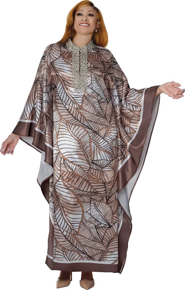Elegant Leaf Print Kaftan Dress with Embellished Neckline