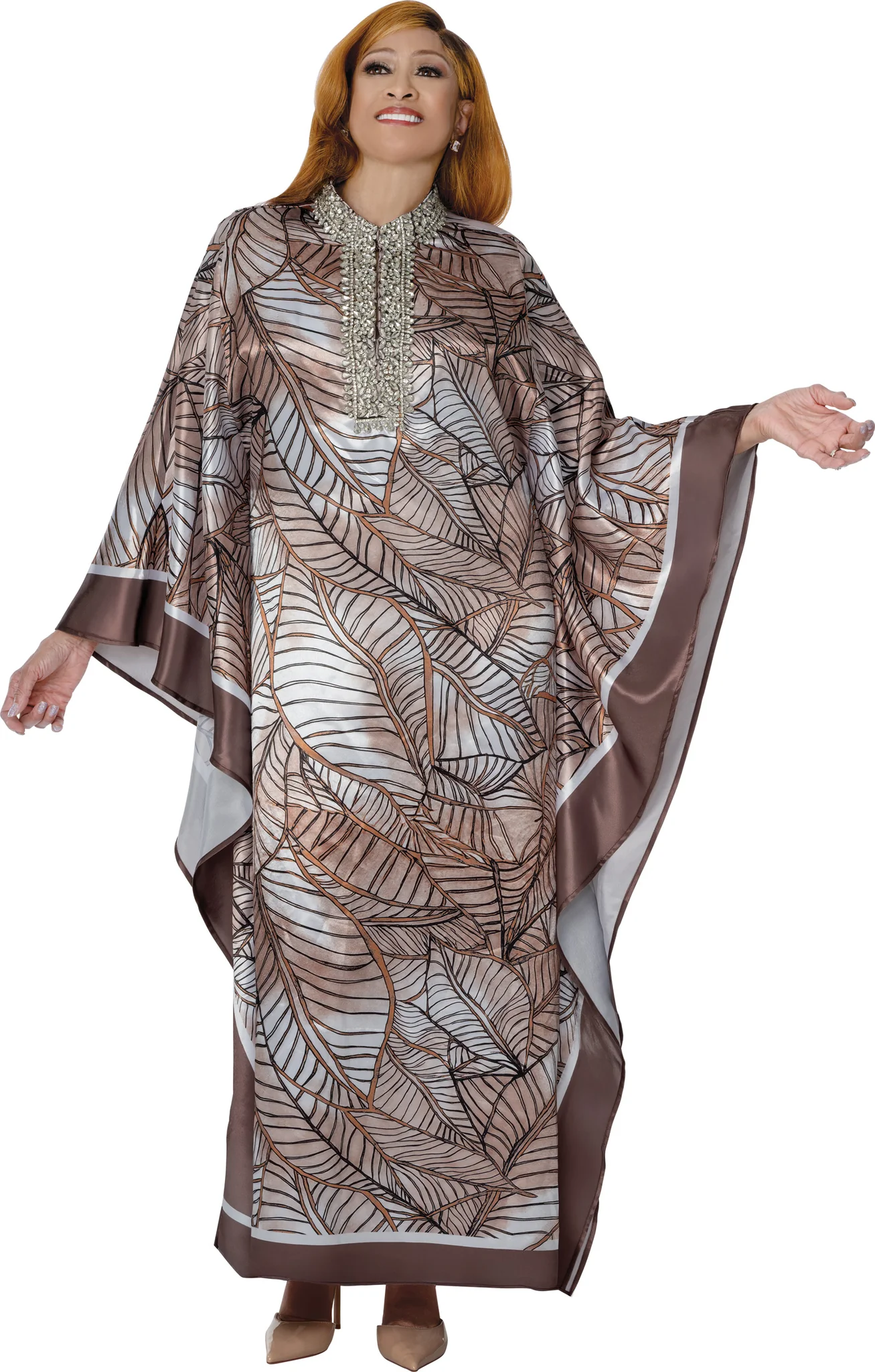Elegant Leaf Print Kaftan Dress with Embellished Neckline