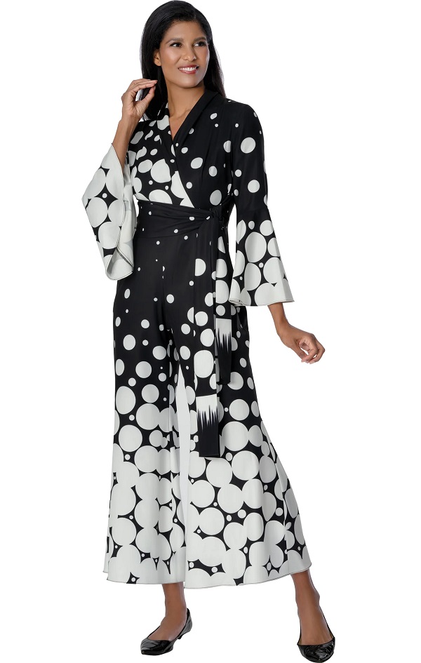 Elegant Black & White Polka Dot Wrap Dress for Women – Flared Sleeve Formal Church & Occasion Wear