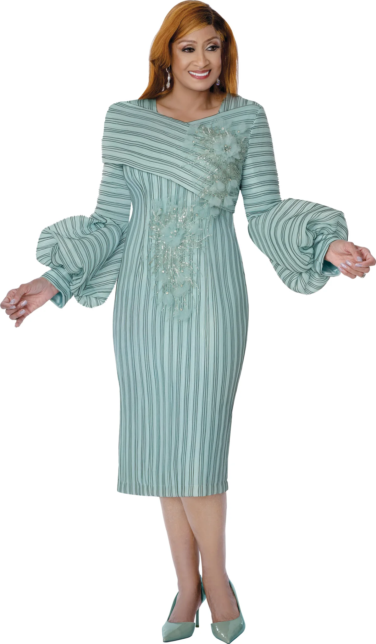Mint Green Cocktail Dress for Women | Pleated Bell Sleeve Formal Dress USA