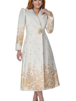 Elegant Cream and Gold Floral Church Dress with Brooch Accent