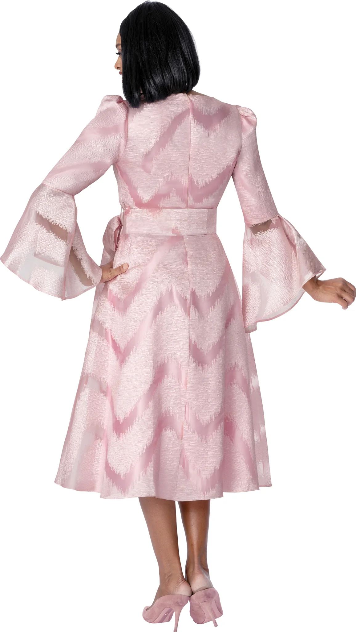 Blush Pink A-Line Midi Dress with Bell Sleeves & Waist Tie