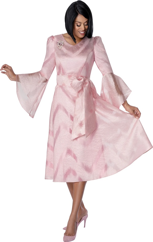 Blush Pink A-Line Midi Dress with Bell Sleeves & Waist Tie