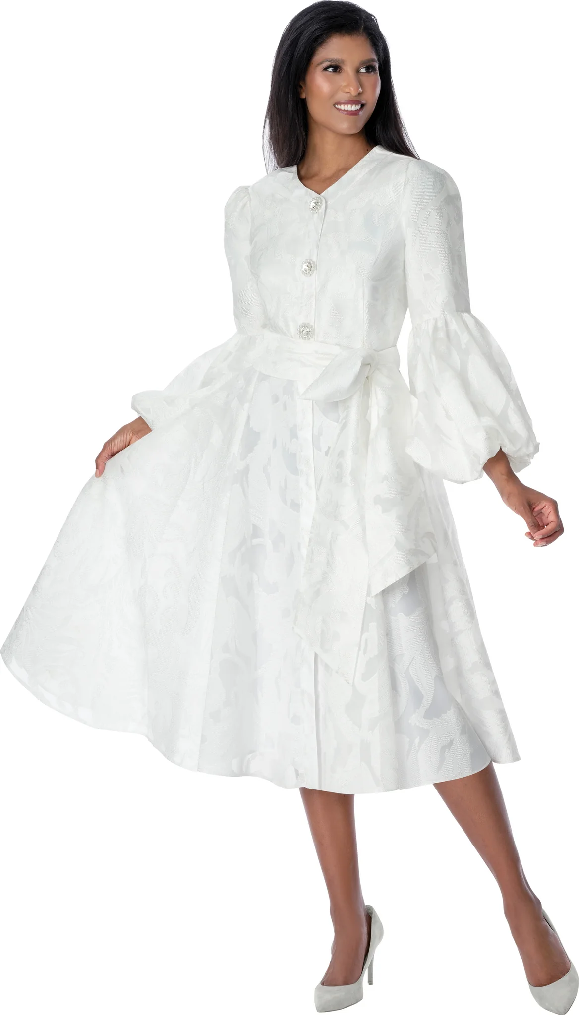 White Polka Dot Midi Dress with Puff Sleeves & Statement Belt