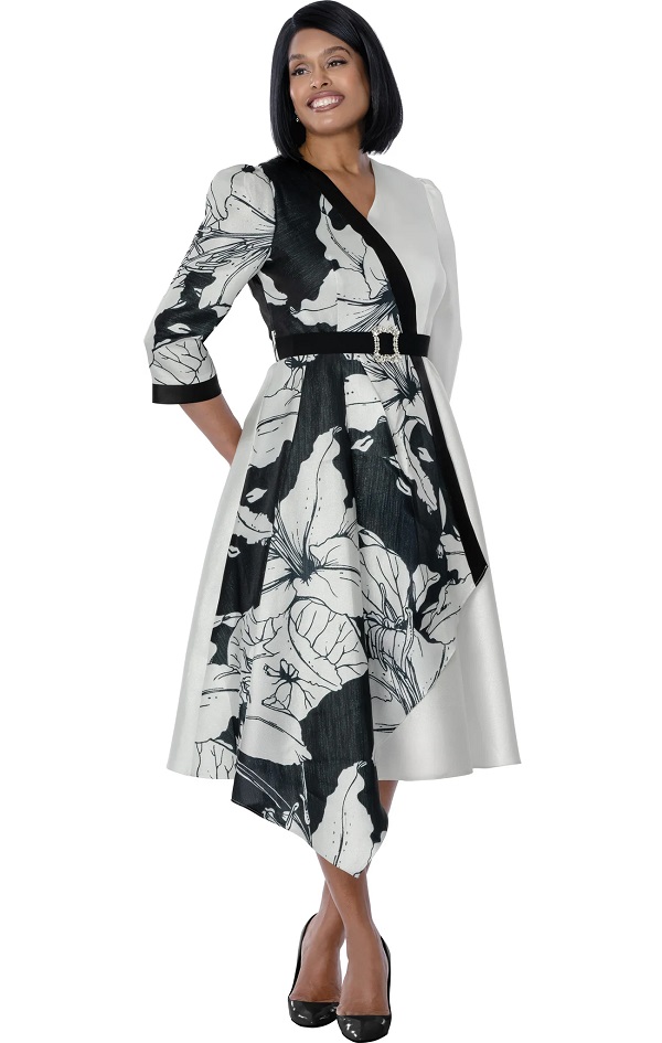 Black & White Polka Dot Midi Dress with Puff Sleeves & Statement Belt