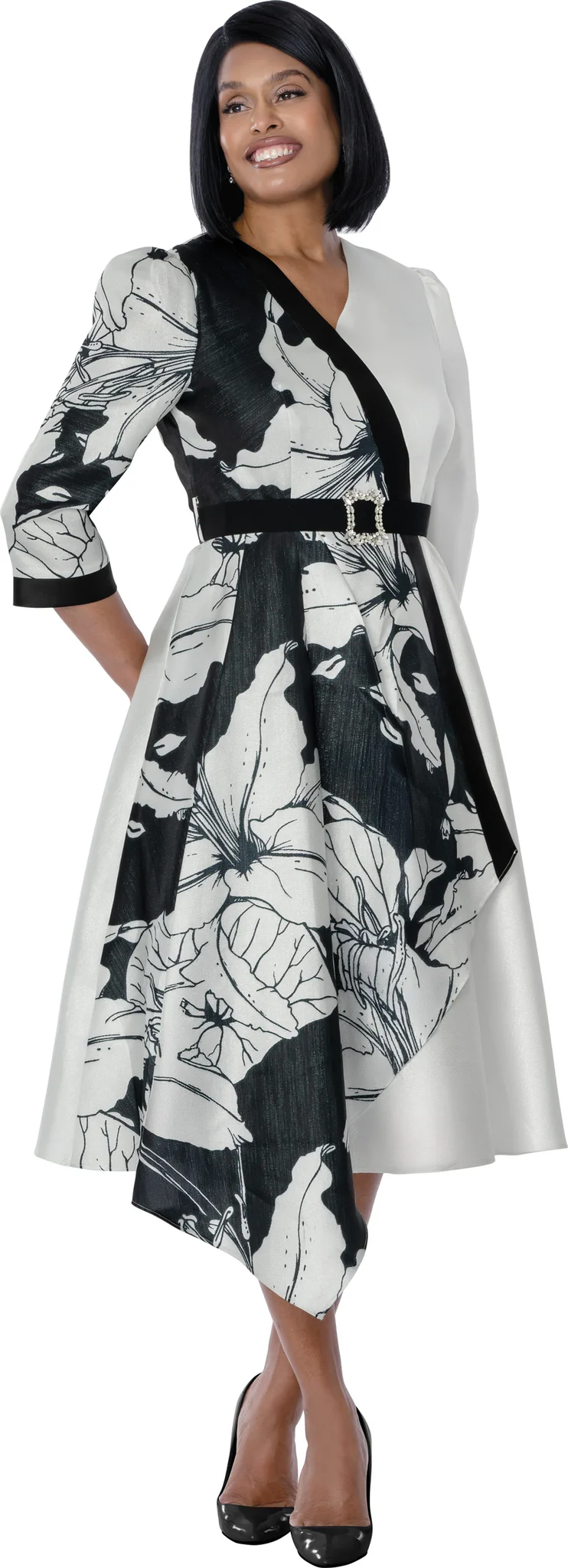 Black & White Polka Dot Midi Dress with Puff Sleeves & Statement Belt