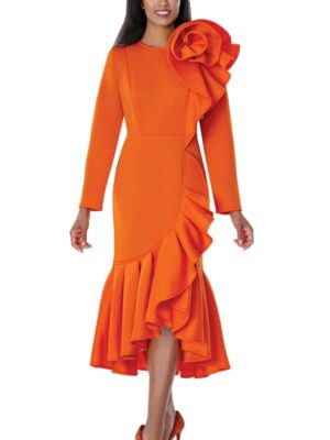 Orange Polka Dot Midi Dress with Puff Sleeves