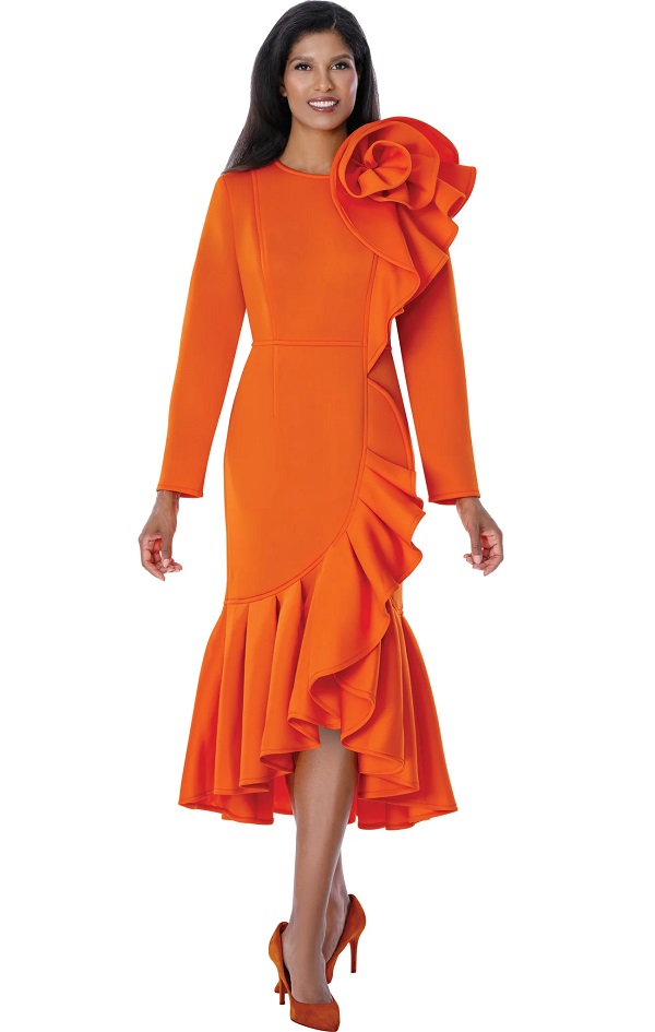 Orange Polka Dot Midi Dress with Puff Sleeves