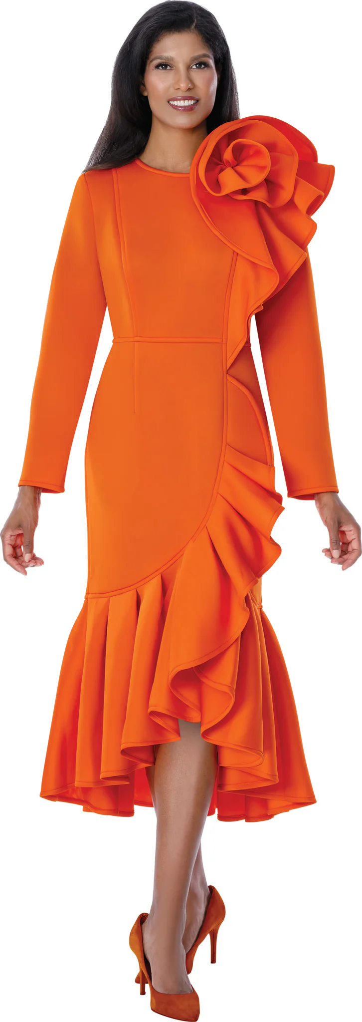 Orange Polka Dot Midi Dress with Puff Sleeves