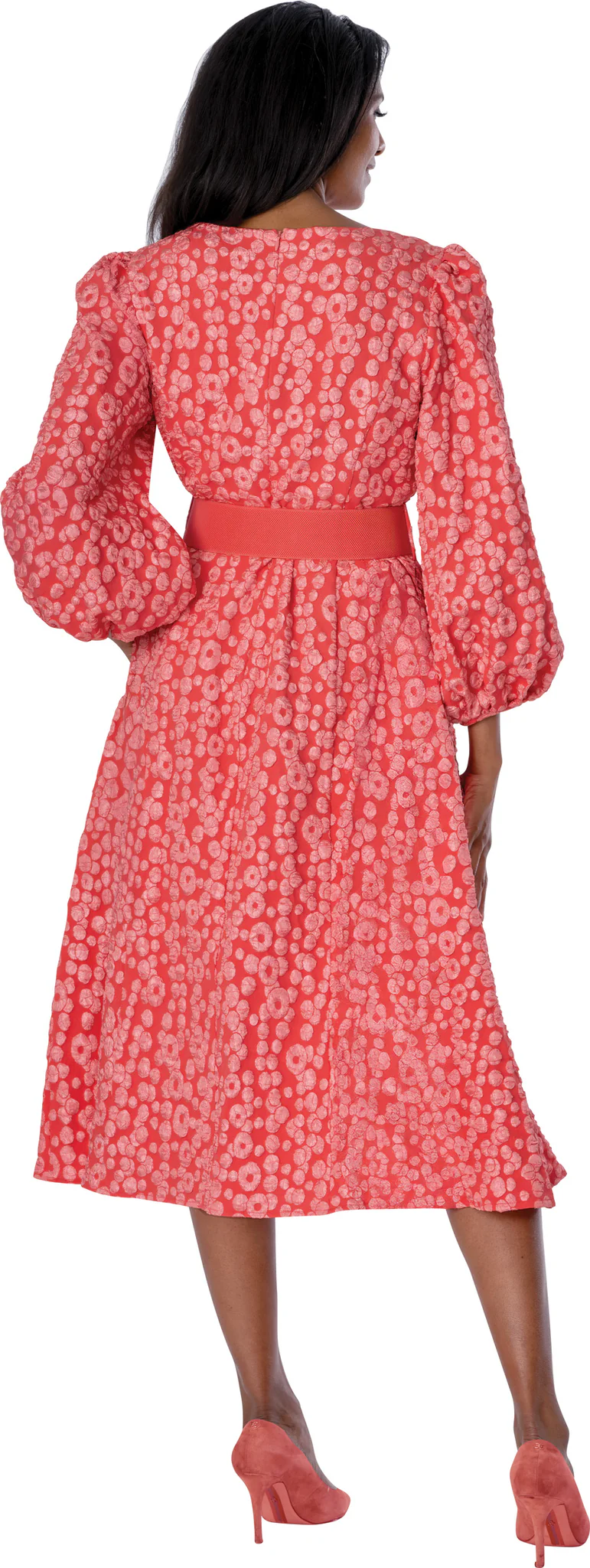 Coral Polka Dot Midi Dress with Puff Sleeves & Belt