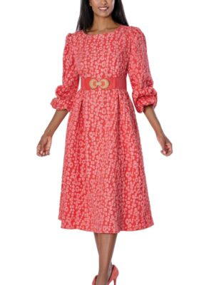 Coral Polka Dot Midi Dress with Puff Sleeves & Belt