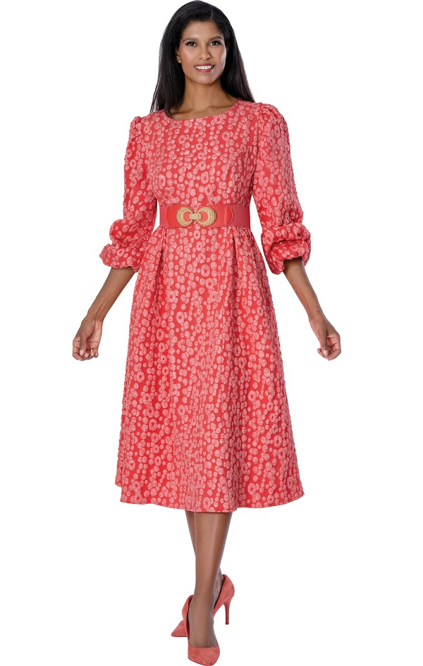 Coral Polka Dot Midi Dress with Puff Sleeves & Belt
