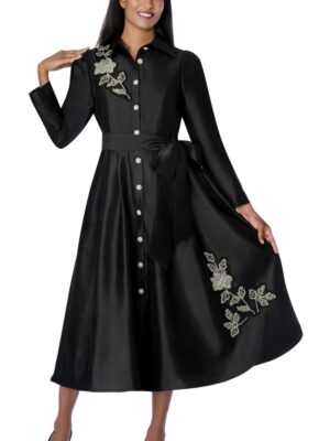 Black Polka Dot Midi Dress with Puff Sleeves & Statement Belt