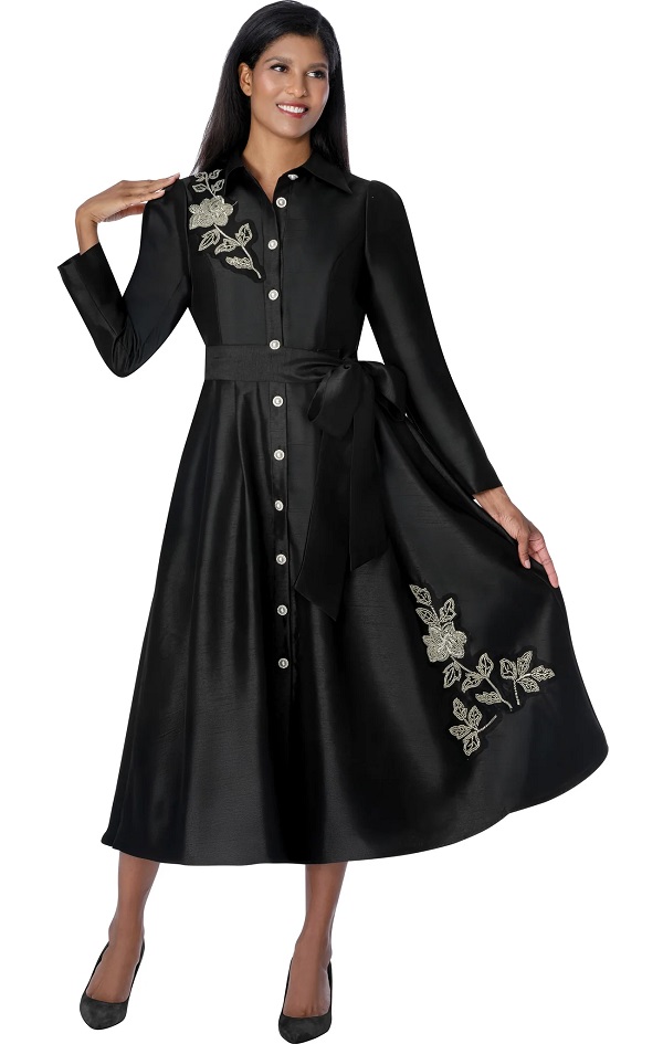 Black Polka Dot Midi Dress with Puff Sleeves & Statement Belt