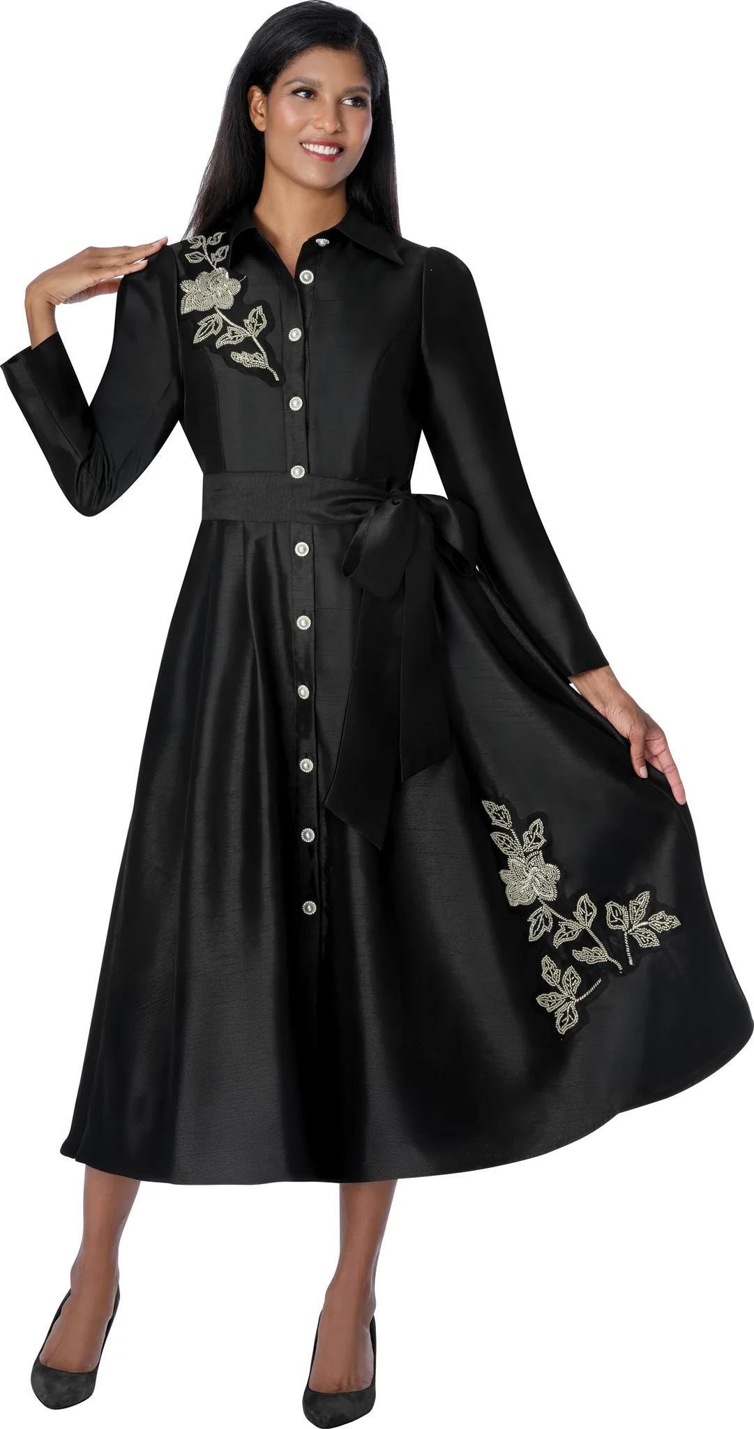 Black Polka Dot Midi Dress with Puff Sleeves & Statement Belt