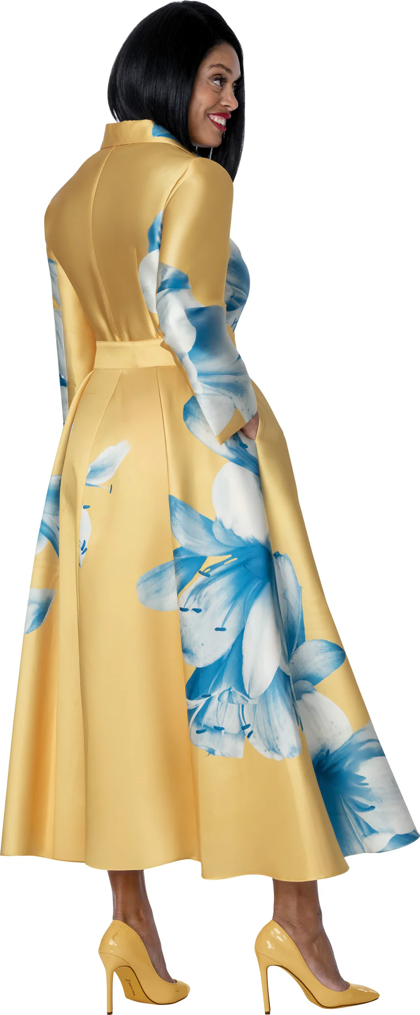 Yellow Blue Multi Polka Dot Midi Dress with Puff Sleeves & Statement Belt