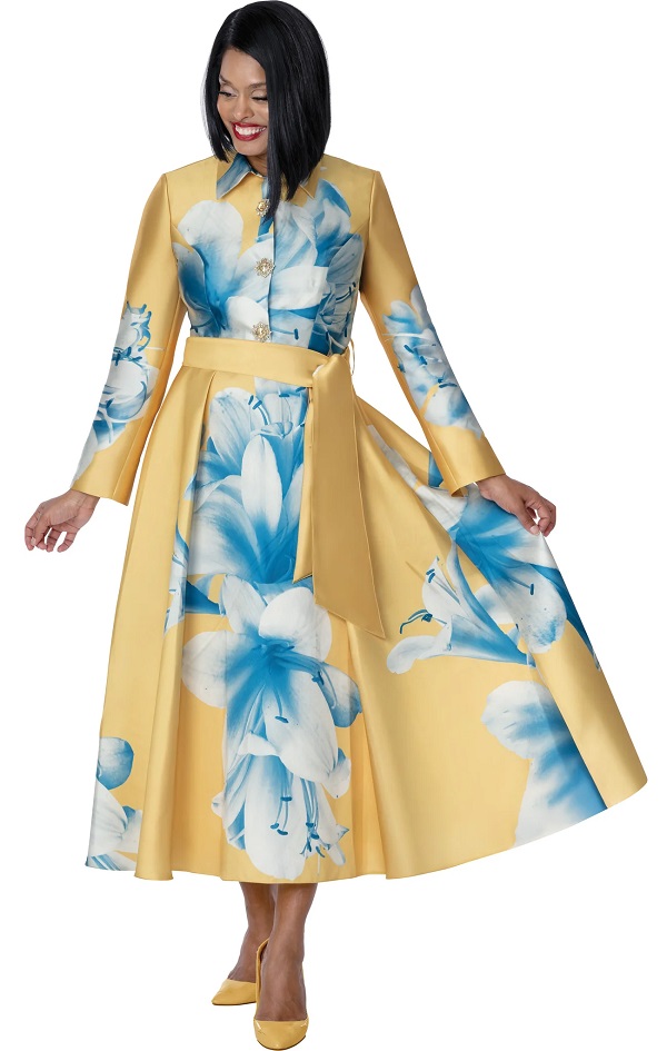Yellow Blue Multi Polka Dot Midi Dress with Puff Sleeves & Statement Belt