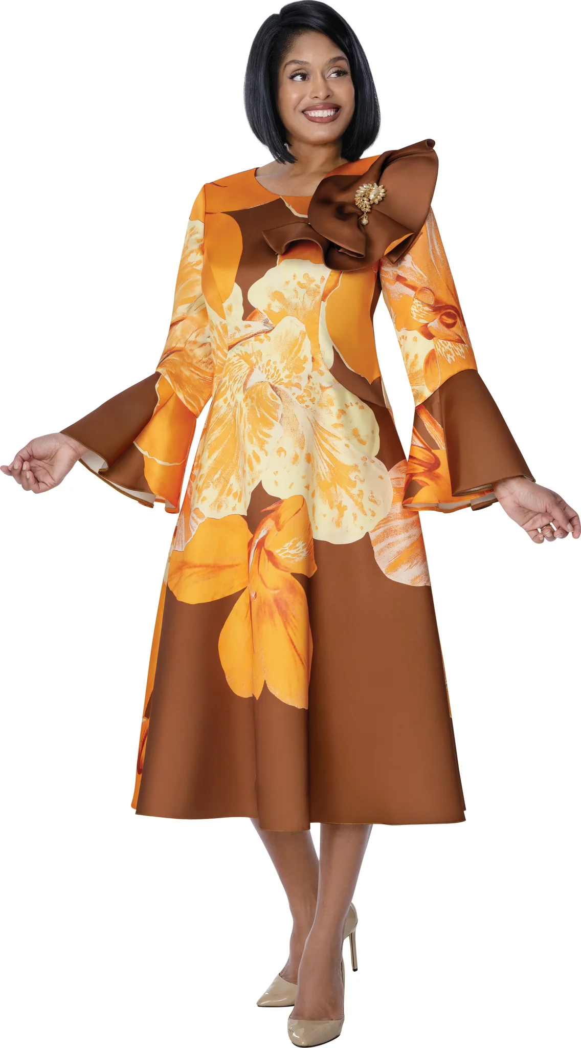 Brown Orange Multi Polka Dot Midi Dress with Puff Sleeves & Statement Belt