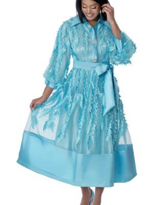 Aqua Blue Polka Dot Midi Dress with Puff Sleeves & Statement Belt