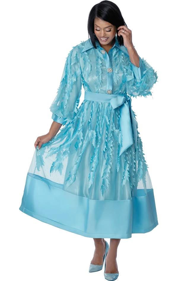 Aqua Blue Polka Dot Midi Dress with Puff Sleeves & Statement Belt