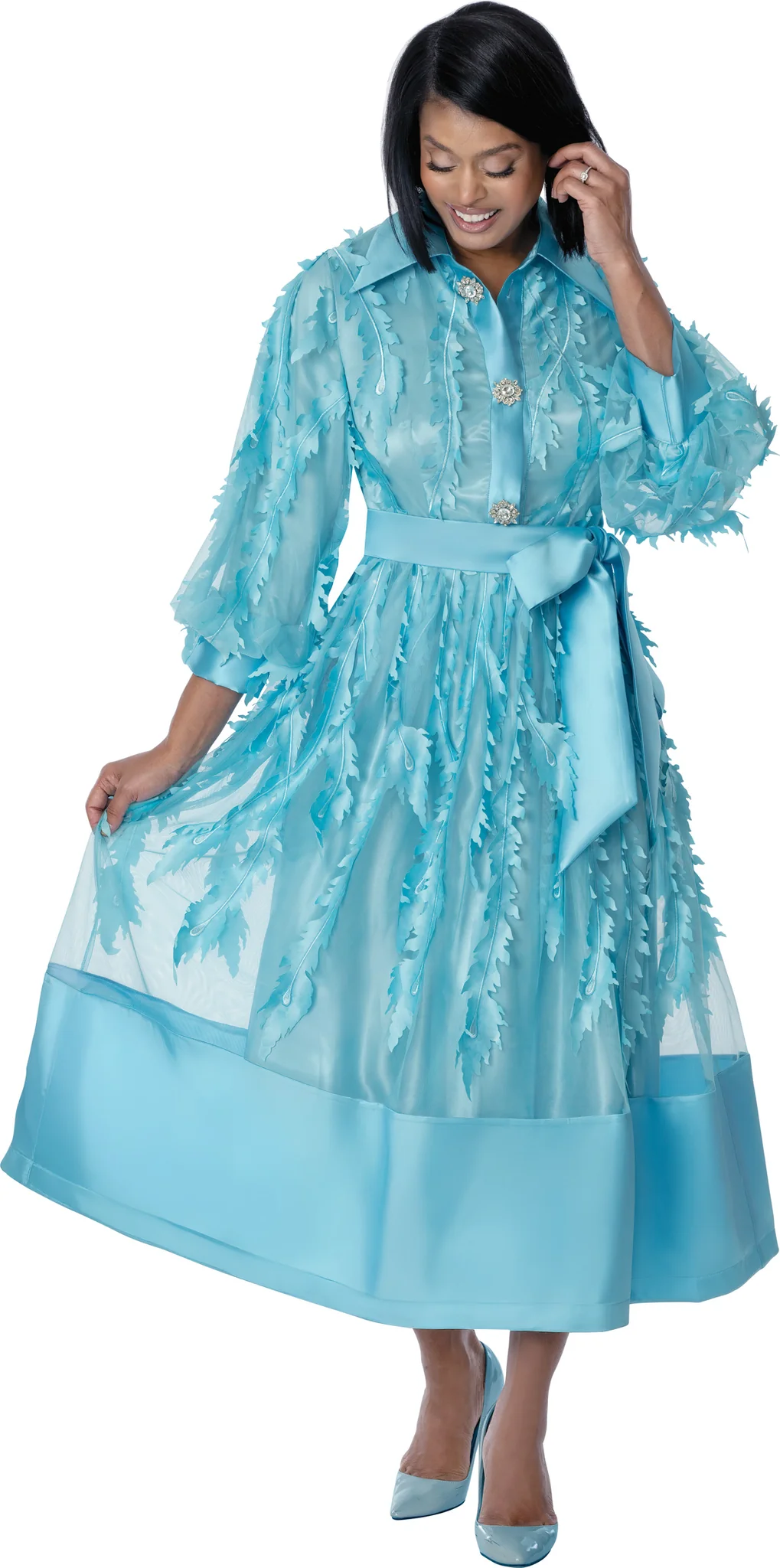Aqua Blue Polka Dot Midi Dress with Puff Sleeves & Statement Belt
