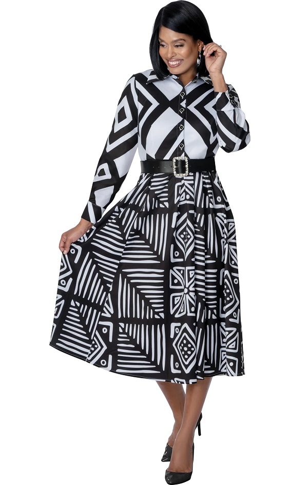 Black & White Polka Dot Midi Dress with Puff Sleeves & Statement Belt