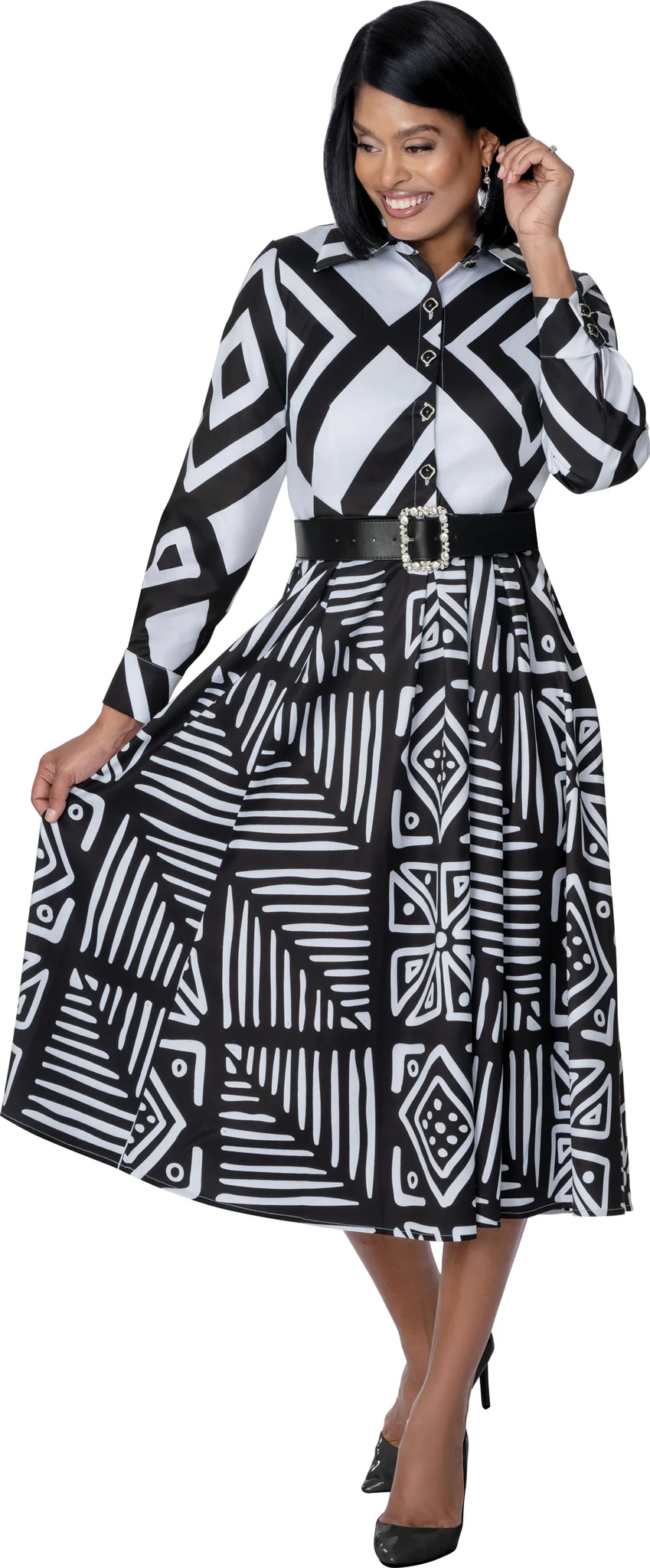 Black & White Polka Dot Midi Dress with Puff Sleeves & Statement Belt