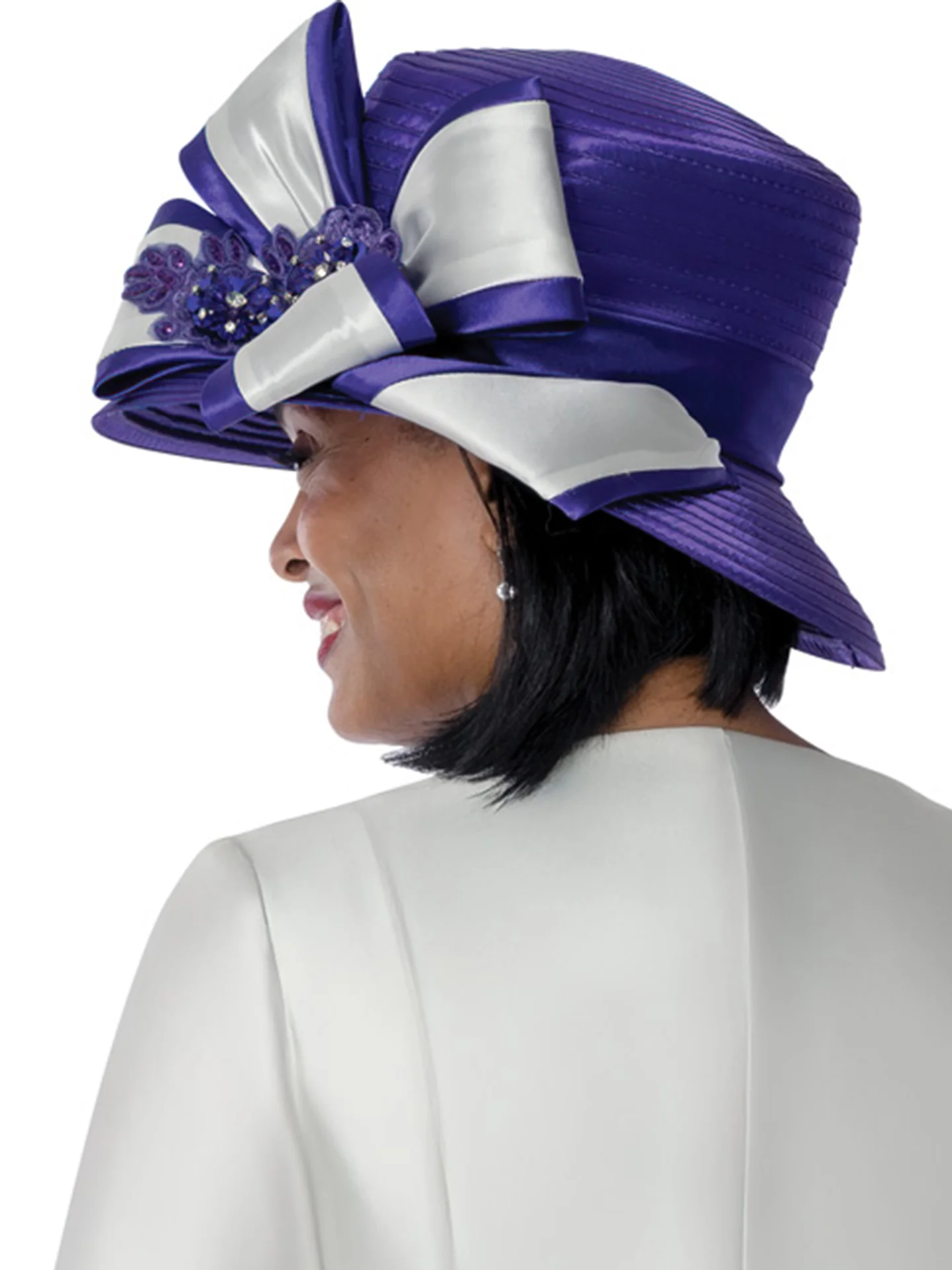 Matching Hat Elegant White Purple Women’s Church Suit - Image 2