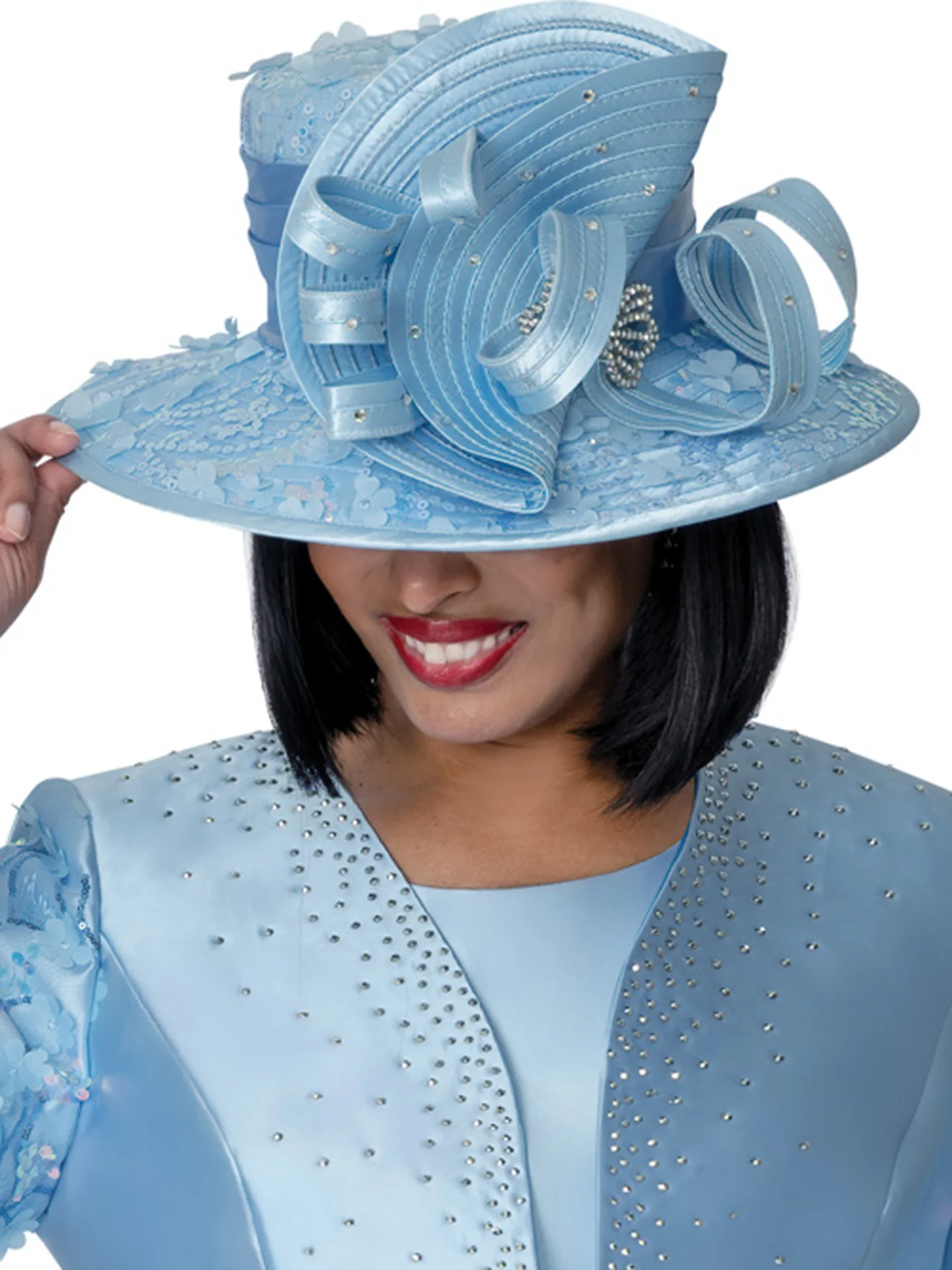 Matching Hat Blue Elegant Church Formal Peplum Suit for Women