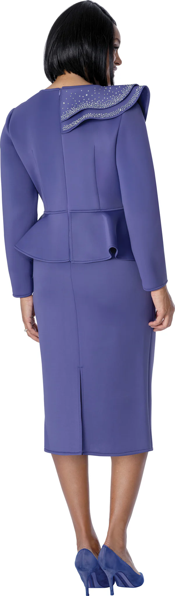 Purple Peplum Skirt Suit with Floral Rosette Detail