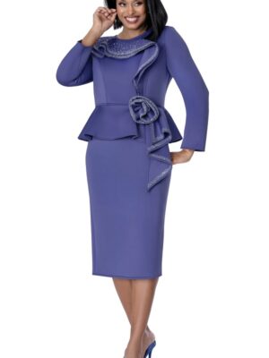 Purple Peplum Skirt Suit with Floral Rosette Detail