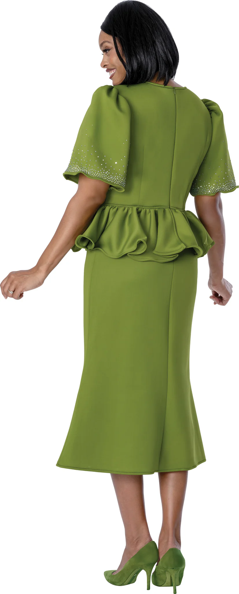 Olive Green Peplum Skirt Suit with Floral Rosette Accent
