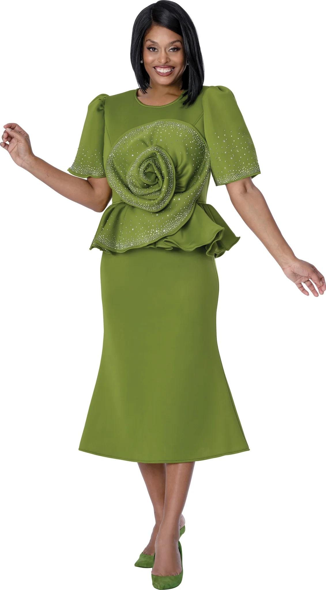 Olive Green Peplum Skirt Suit with Floral Rosette Accent