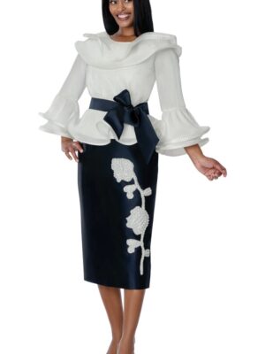 Women's Elegant Two-Piece Church Suit Ruffle Blouse & Embellished Midi Skirt