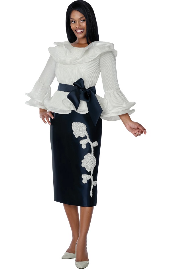 Women's Elegant Two-Piece Church Suit Ruffle Blouse & Embellished Midi Skirt