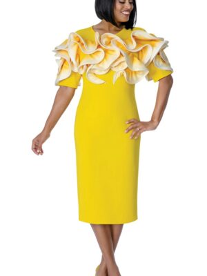 Elegant Yellow Ruffle Shoulder Midi Dress for Women