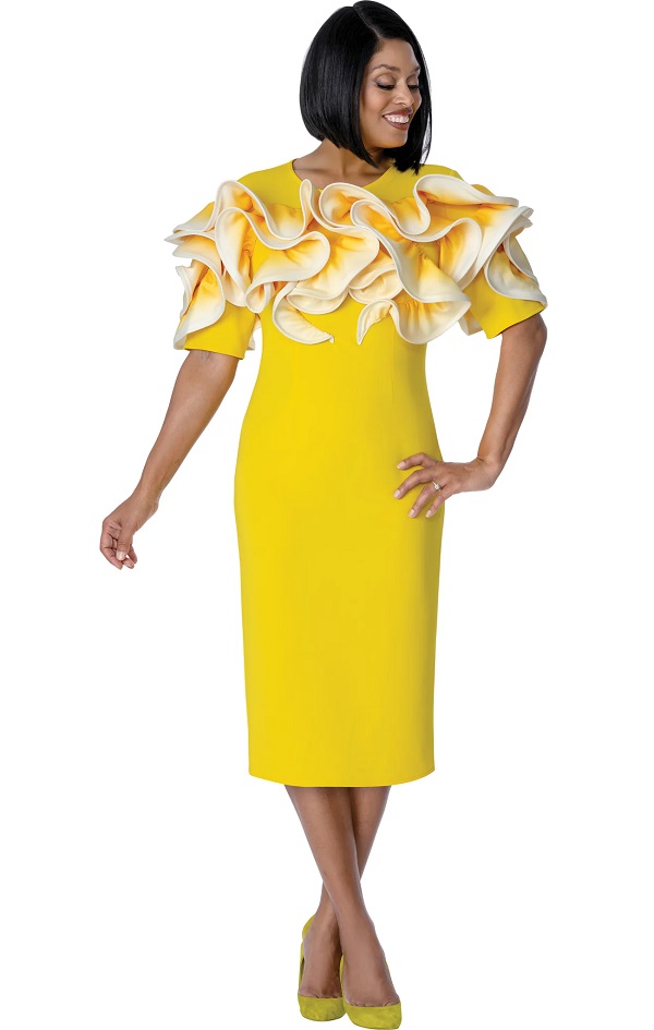 Elegant Yellow Ruffle Shoulder Midi Dress for Women