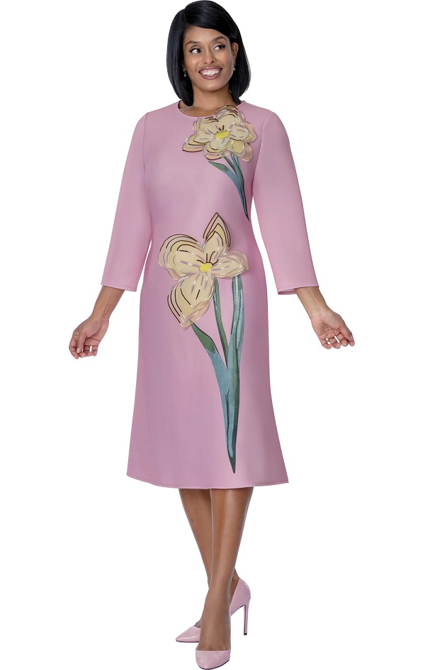 Elegant Pink Floral Appliqué Midi Dress for Women