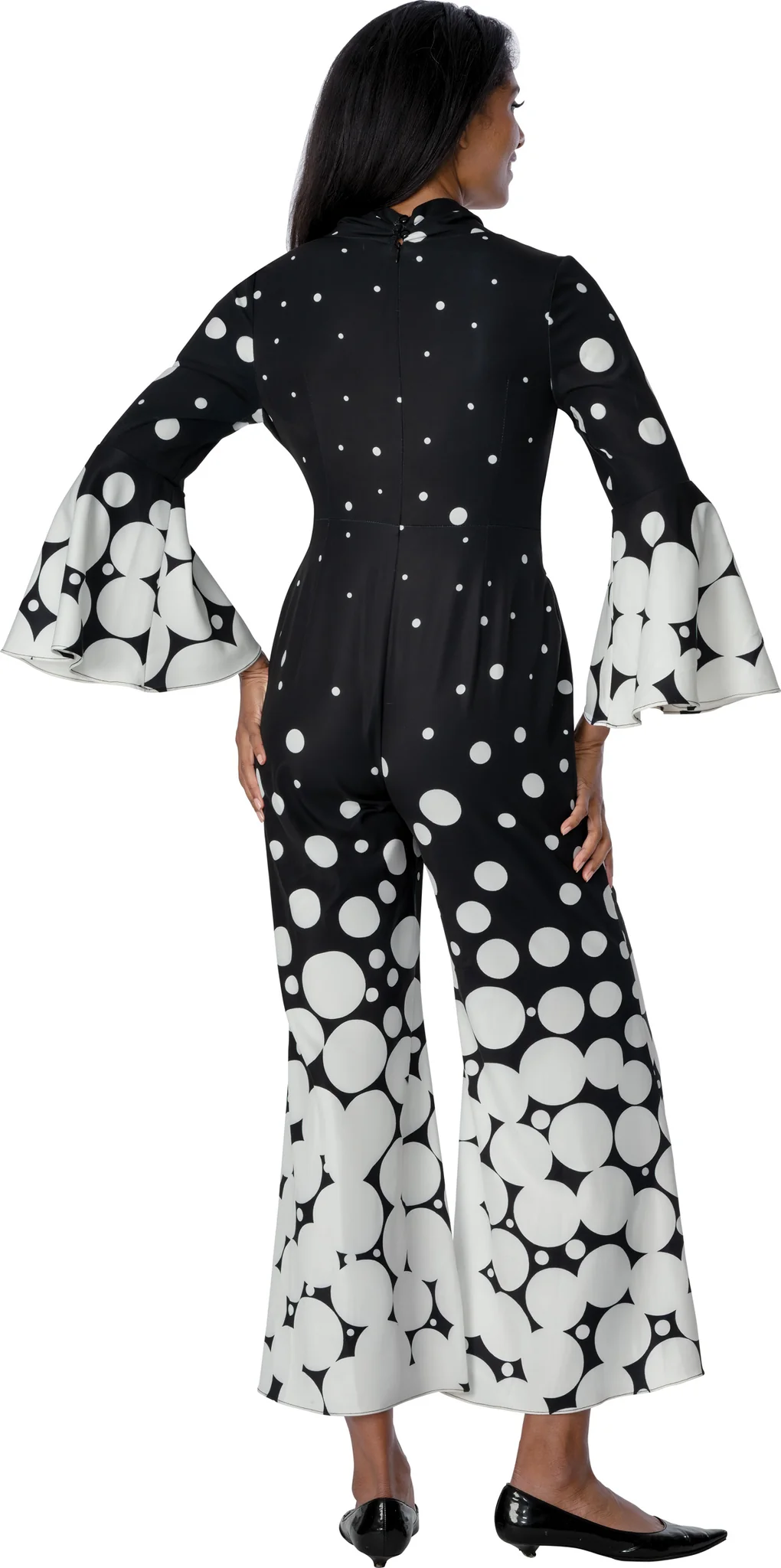 Elegant Black & White Polka Dot Wrap Dress for Women – Flared Sleeve Formal Church & Occasion Wear