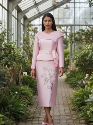 Elegant Two-Piece Church Suit Ruffle Blouse & Embellished Midi Skirt for Women